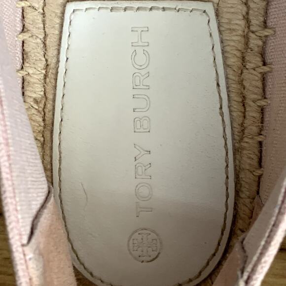 Tory Buch Poppy Canvas Patent Espadrille Flats in Pink/White/Brown - Picture 7 of 9